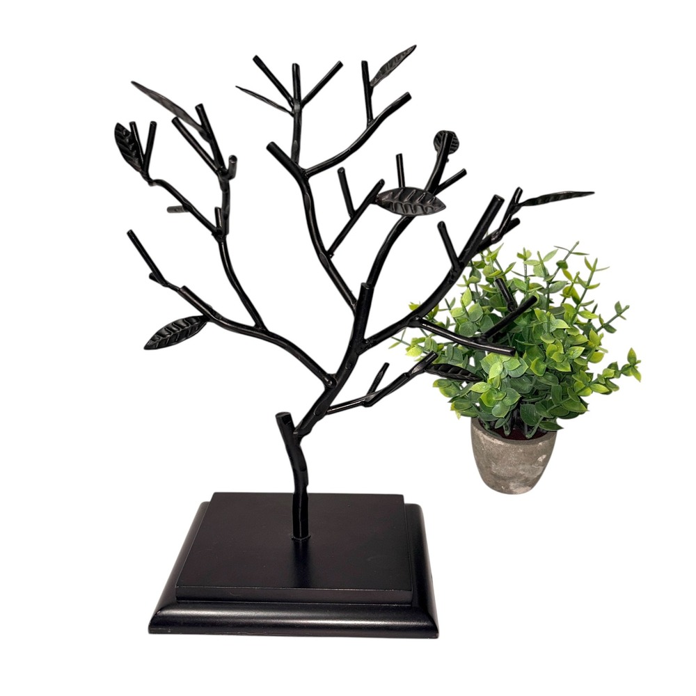 Matte Black Metal Jewelry Tree Stand Leaf Accents 12" Organizer Halloween Decor